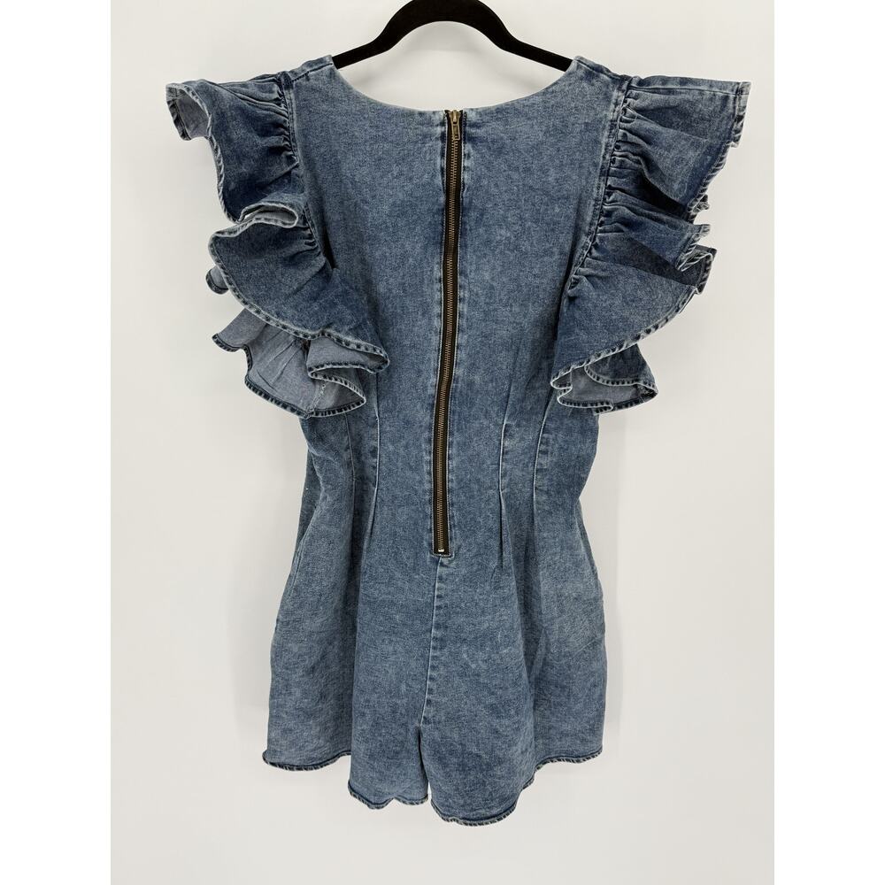 Bella Ella Boutique Denim Ruffle Romper Shorts Blue XL Medium Wash Y2K Festival - Picture 3 of 6